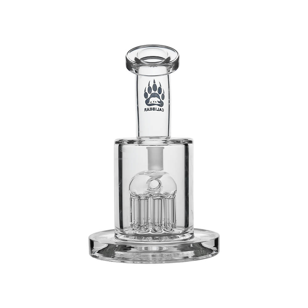 Calibear Thick Dab Rig (Clear) right angled view with multi-arm Tree Perc, bent neck and side-mounted joint