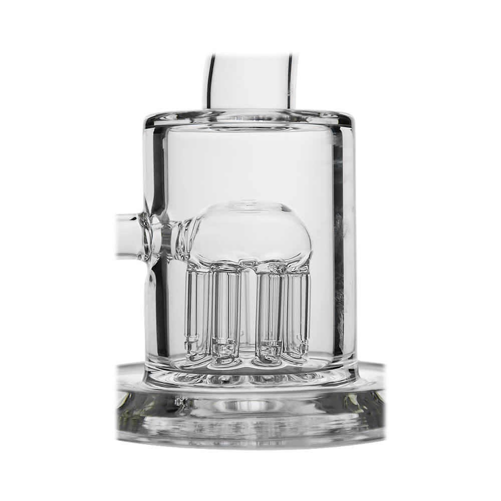Side profile of Calibear Thick Dab Rig (Clear) showing Arm Tree Perc, angled mouthpiece and reinforced glass base