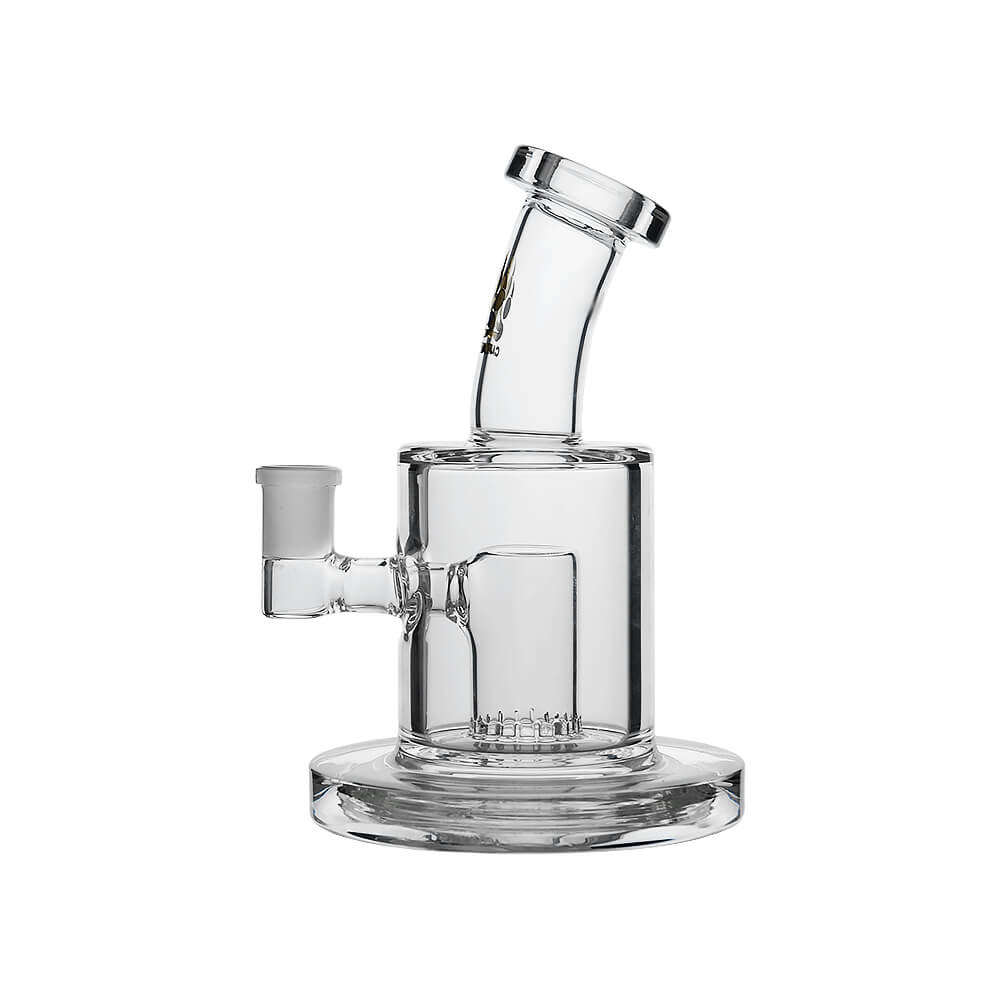 Calibear Thick Dab Rig (Clear) with Slitted Can Perc, bent-neck mouthpiece and wide glass base, front angled view