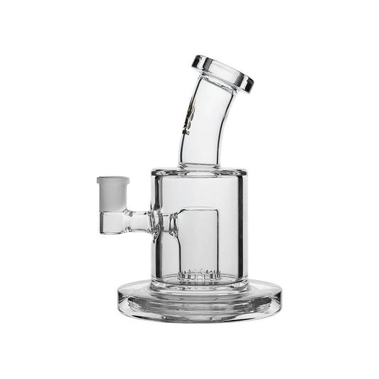 Calibear Thick Dab Rig (Clear) with Slitted Can Perc, bent-neck mouthpiece and wide glass base, front angled view