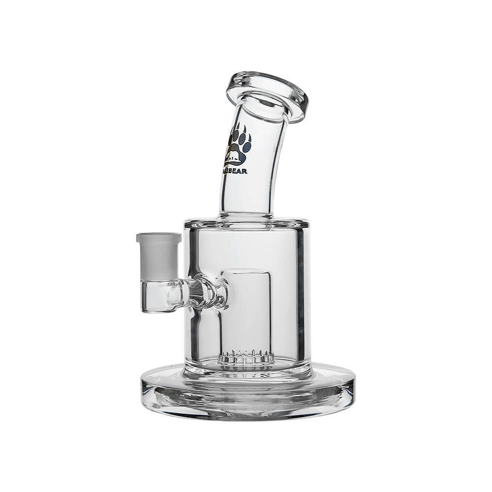 Calibear Thick Dab Rig (Clear) showing cylindrical chamber, Slitted Can Perc and side joint from left angled view