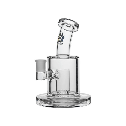 Calibear Thick Dab Rig (Clear) showing cylindrical chamber, Slitted Can Perc and side joint from left angled view