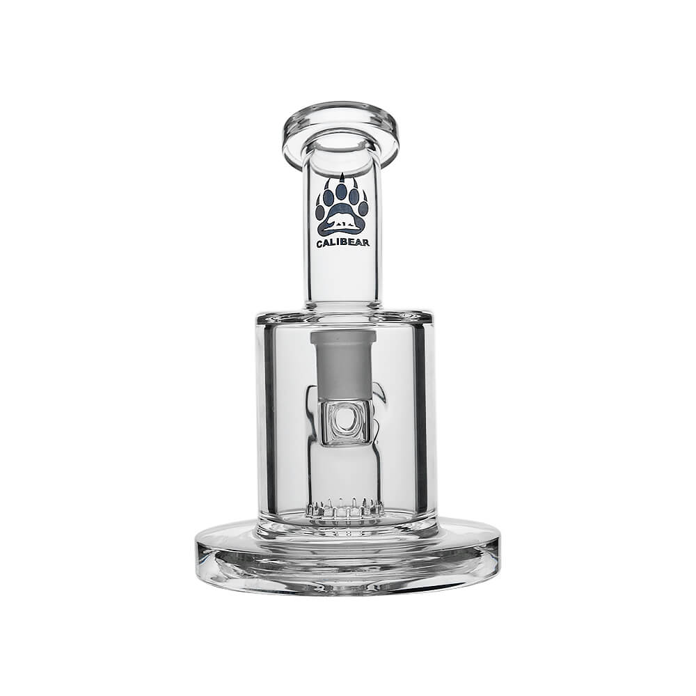 Front view of Calibear Thick Dab Rig (Clear) with Slitted Can Perc, side joint and Calibear logo