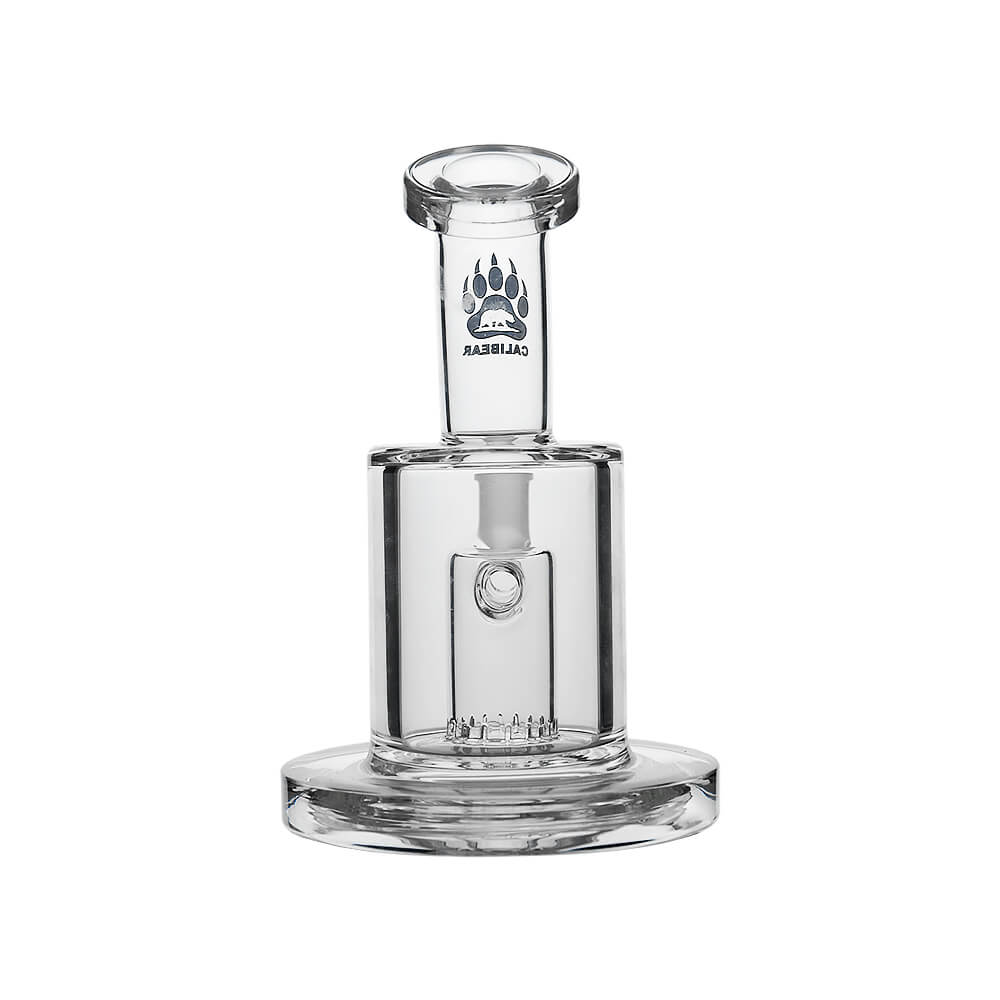 Rear view of Calibear Thick Dab Rig (Clear) showing internal downstem and Slitted Can Perc inside the glass chamber