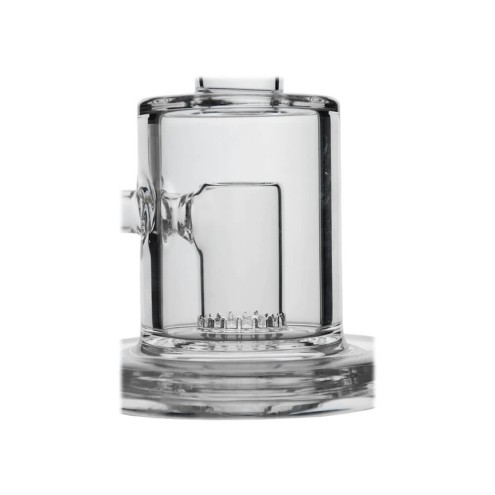 Close-up of Calibear Thick Dab Rig (Clear) Slitted Can Perc with multiple diffusion slits inside the chamber