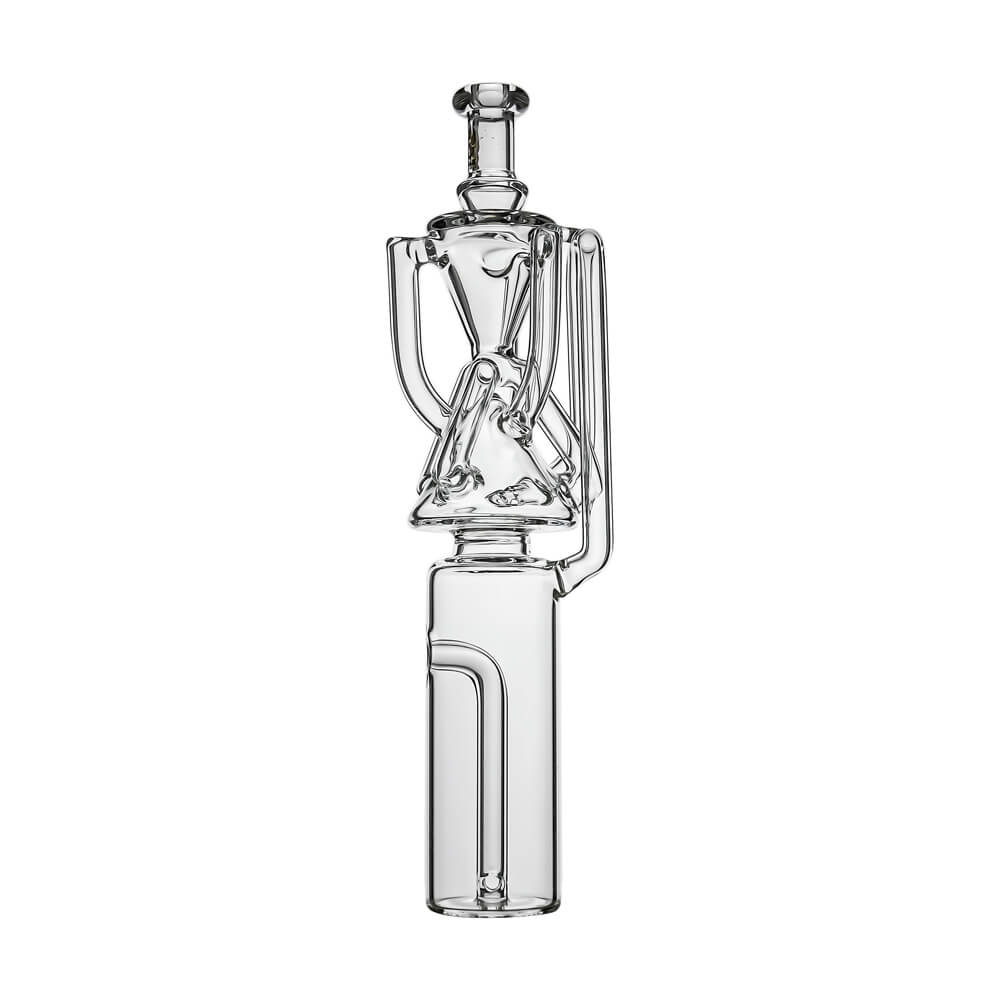 Calibear Tricycler clear glass attachment shown installed on and beside a Dr. Dabber Switch Go device