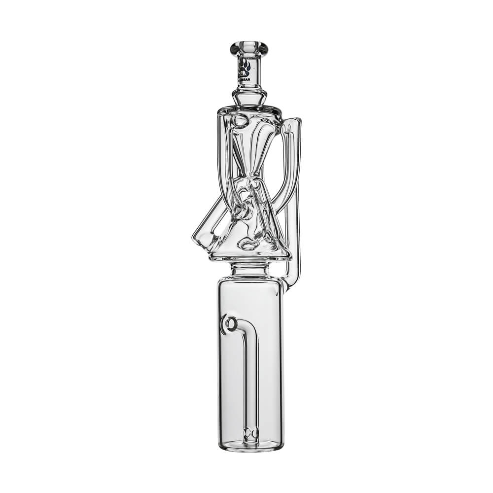 Calibear Tricycler clear glass attachment shown installed on and beside a Dr. Dabber Switch Go device