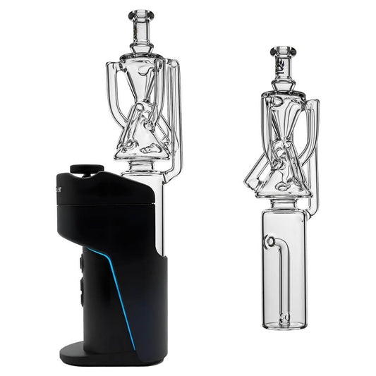 Calibear Tricycler clear glass attachment shown installed on and beside a Dr. Dabber Switch Go device