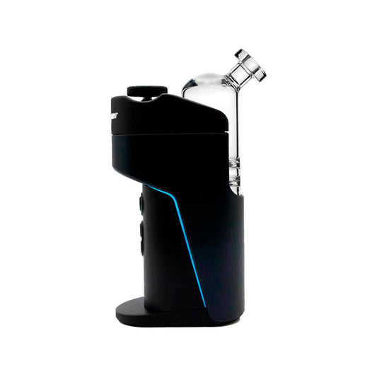 Calibear Triple Splash Guard Glass Bubbler (Clear) for Dr. Dabber Switch Go, installed side view with angled mouthpiece and water filtration chamber