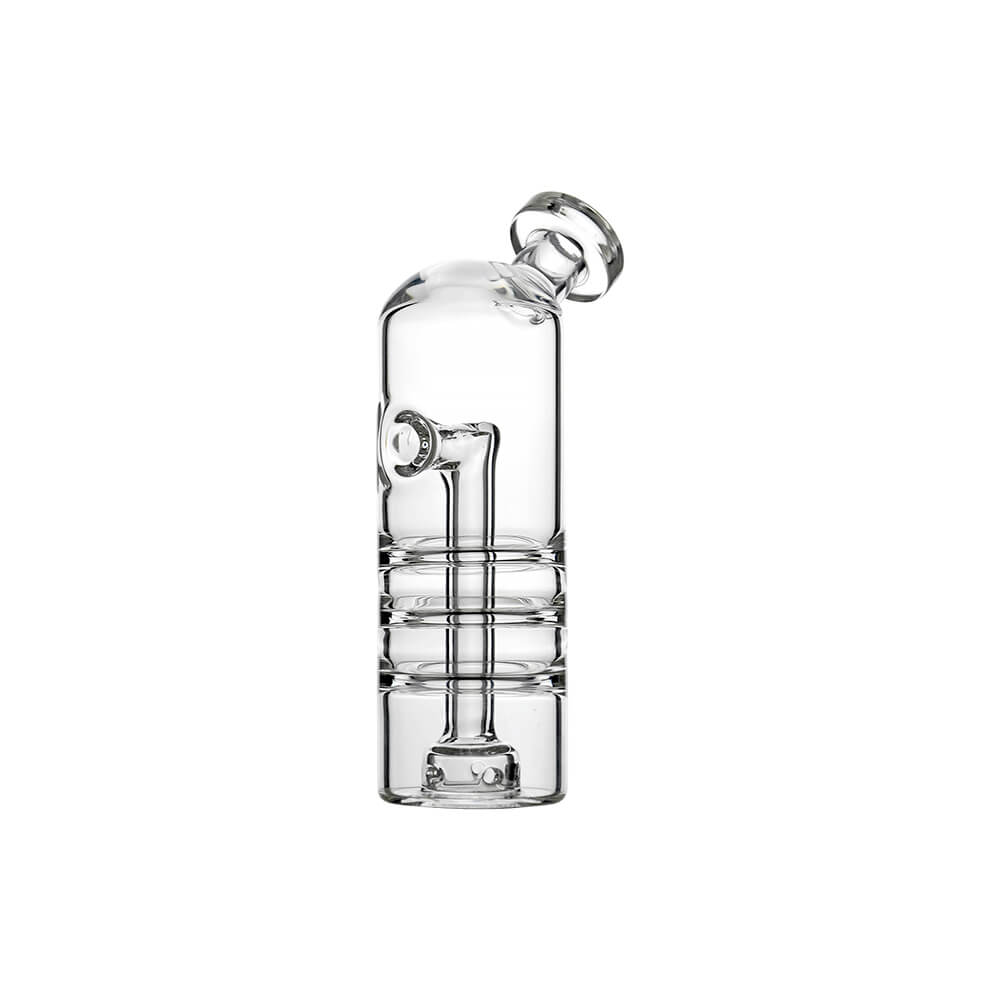 Calibear Triple Splash Guard Glass Bubbler (Clear) for Dr. Dabber Switch Go, angled product view highlighting the side airflow opening and lower percolator