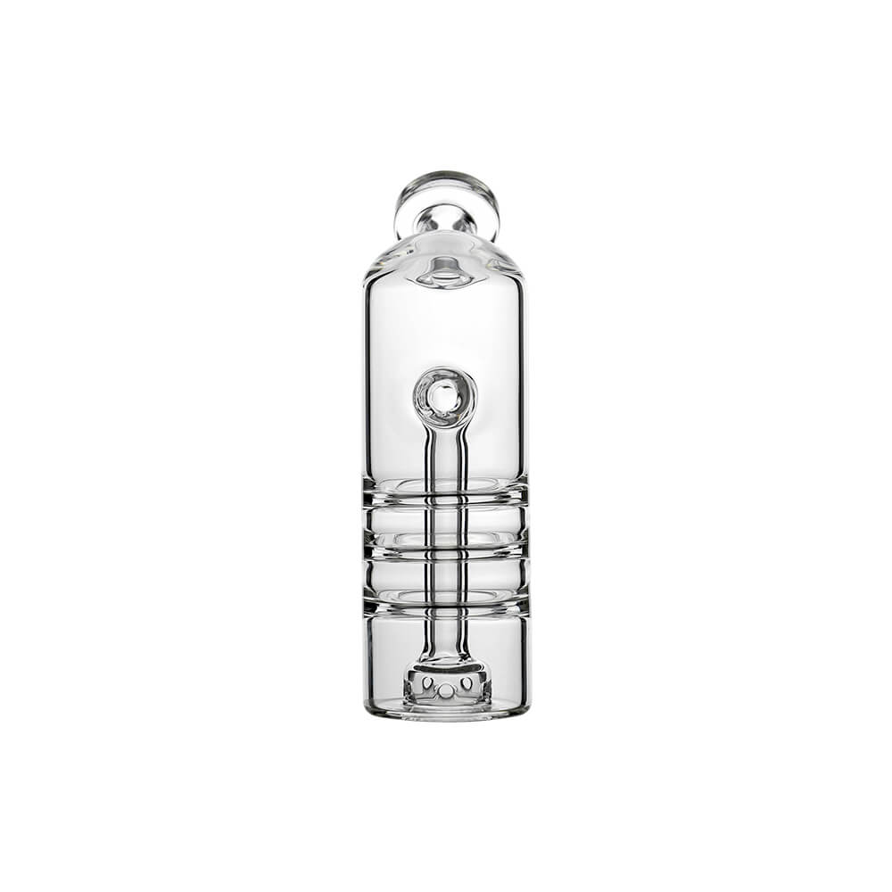 Calibear Triple Splash Guard Glass Bubbler (Clear) for Dr. Dabber Switch Go, front view showing central airflow opening and triple splash guard structure