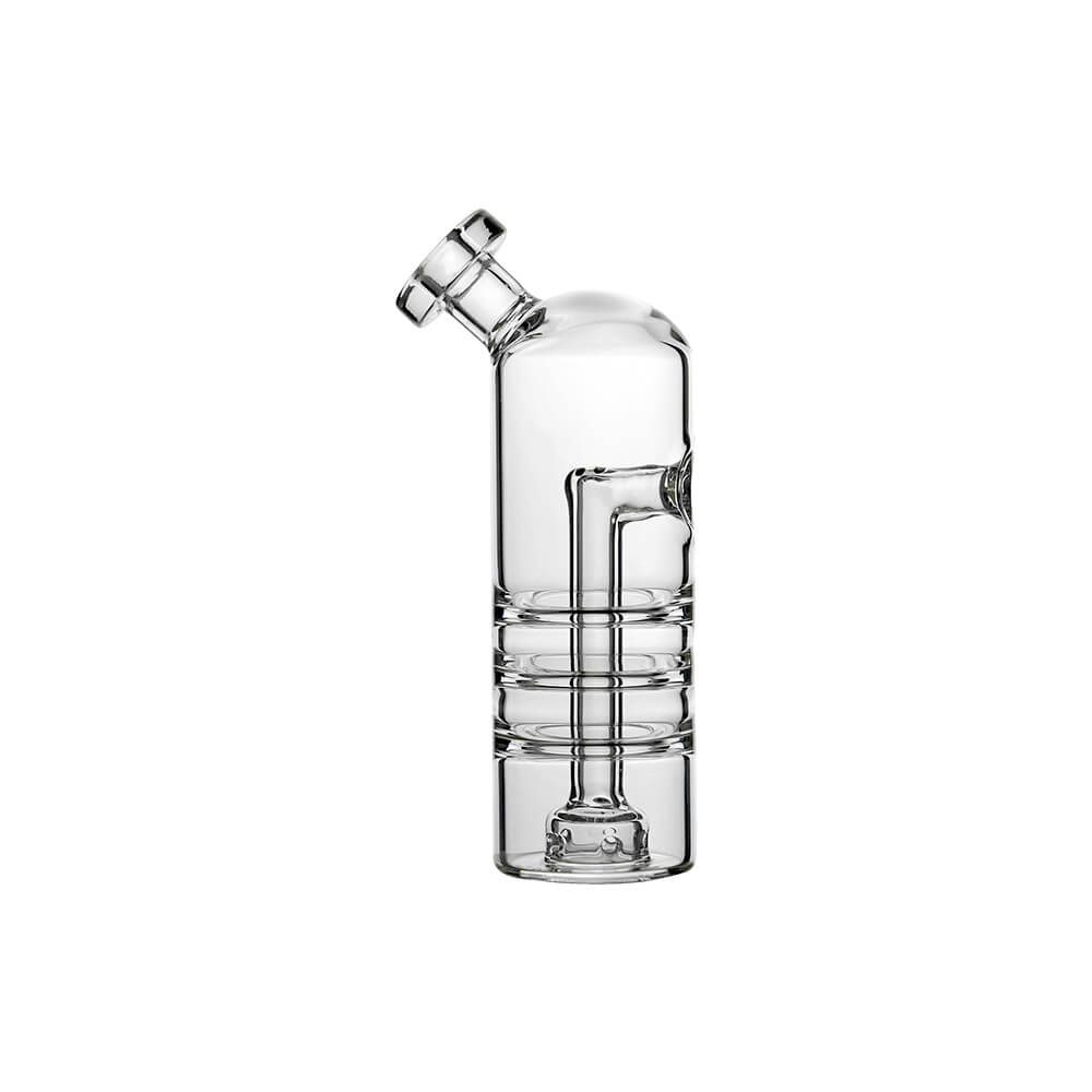 Calibear Triple Splash Guard Glass Bubbler (Clear) for Dr. Dabber Switch Go, side profile showing angled mouthpiece and internal water filtration pathway