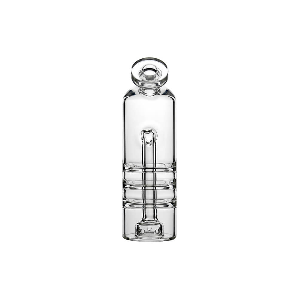 Calibear Triple Splash Guard Glass Bubbler (Clear) for Dr. Dabber Switch Go, straight-on view highlighting internal downstem and glass splash guard rings
