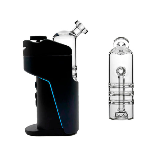 Calibear Triple Splash Guard Glass Bubbler (Clear) for Dr. Dabber Switch Go, comparison view showing clear bubbler attachment alongside installed Switch Go device
