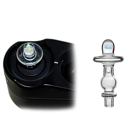 Calibear UFO Joystick Carb Cap Encased W/ Opal (Clear) for Dr. Dabber Switch Go, glass joystick carb cap with UFO-style top, encased opal detail and directional airflow design