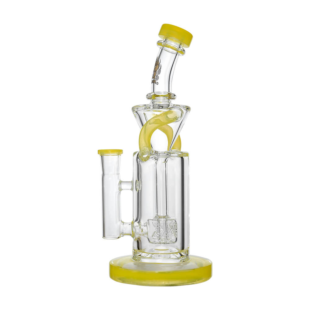 8 inch CaliBear Vortex Turbo Incycler glass bong featuring a TRI-SEED percolator, clear recycler body, and multi-color mouthpiece accents.