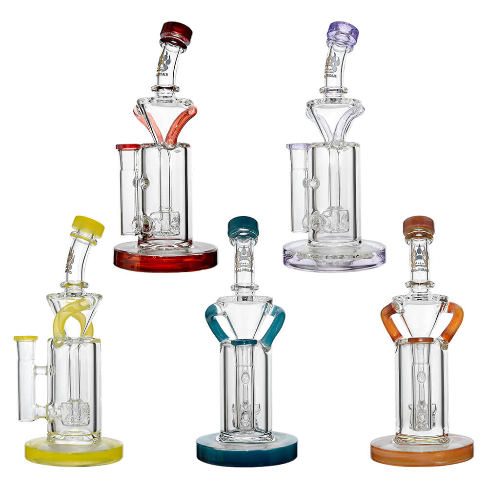 8 inch CaliBear Vortex Turbo Incycler glass bong featuring a TRI-SEED percolator, clear recycler body, and multi-color mouthpiece accents.