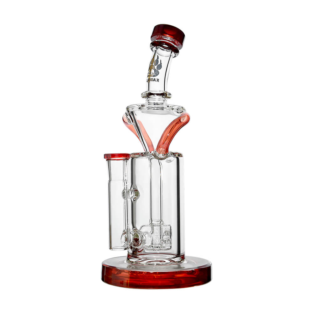 8 inch CaliBear Vortex Turbo Incycler glass bong featuring a TRI-SEED percolator, clear recycler body, and multi-color mouthpiece accents.