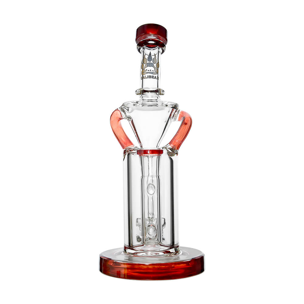 8 inch CaliBear Vortex Turbo Incycler glass bong featuring a TRI-SEED percolator, clear recycler body, and multi-color mouthpiece accents.