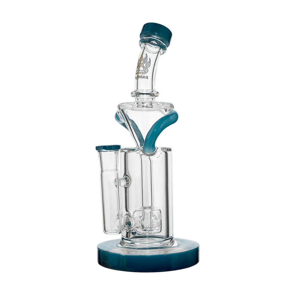 8 inch CaliBear Vortex Turbo Incycler glass bong featuring a TRI-SEED percolator, clear recycler body, and multi-color mouthpiece accents.