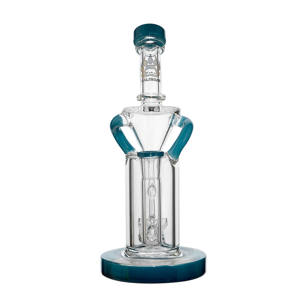 8 inch CaliBear Vortex Turbo Incycler glass bong featuring a TRI-SEED percolator, clear recycler body, and multi-color mouthpiece accents.