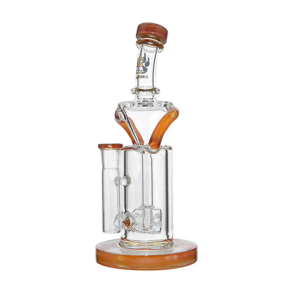 8 inch CaliBear Vortex Turbo Incycler glass bong featuring a TRI-SEED percolator, clear recycler body, and multi-color mouthpiece accents.