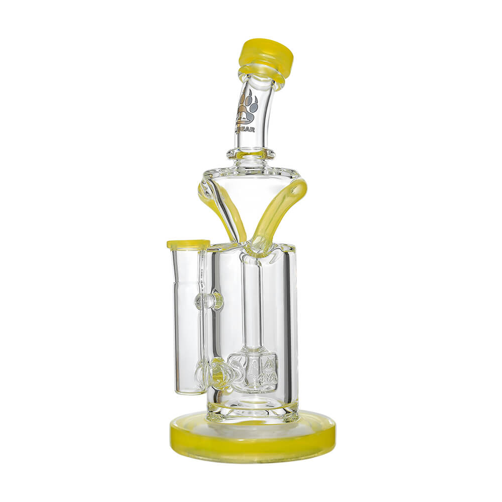 8 inch CaliBear Vortex Turbo Incycler glass bong featuring a TRI-SEED percolator, clear recycler body, and multi-color mouthpiece accents.