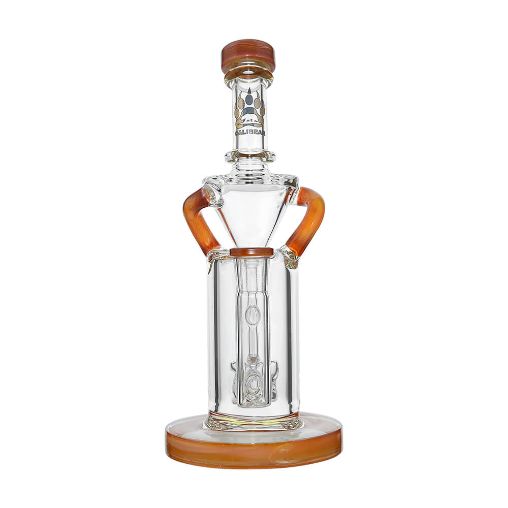 8 inch CaliBear Vortex Turbo Incycler glass bong featuring a TRI-SEED percolator, clear recycler body, and multi-color mouthpiece accents.