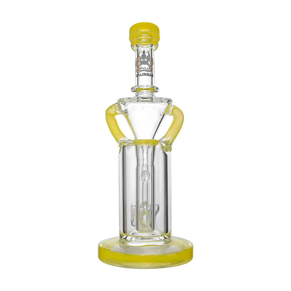 8 inch CaliBear Vortex Turbo Incycler glass bong featuring a TRI-SEED percolator, clear recycler body, and multi-color mouthpiece accents.