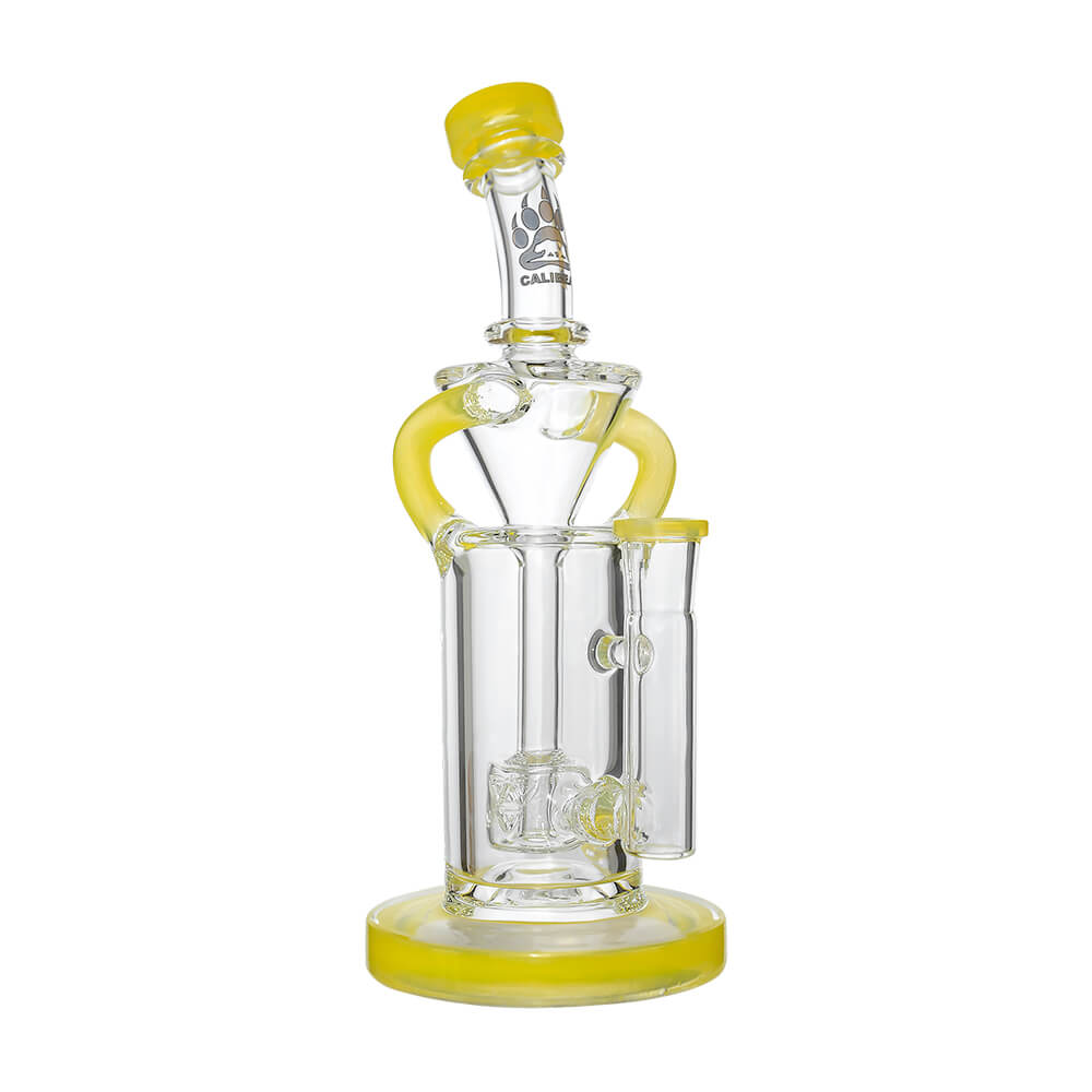 8 inch CaliBear Vortex Turbo Incycler glass bong featuring a TRI-SEED percolator, clear recycler body, and multi-color mouthpiece accents.
