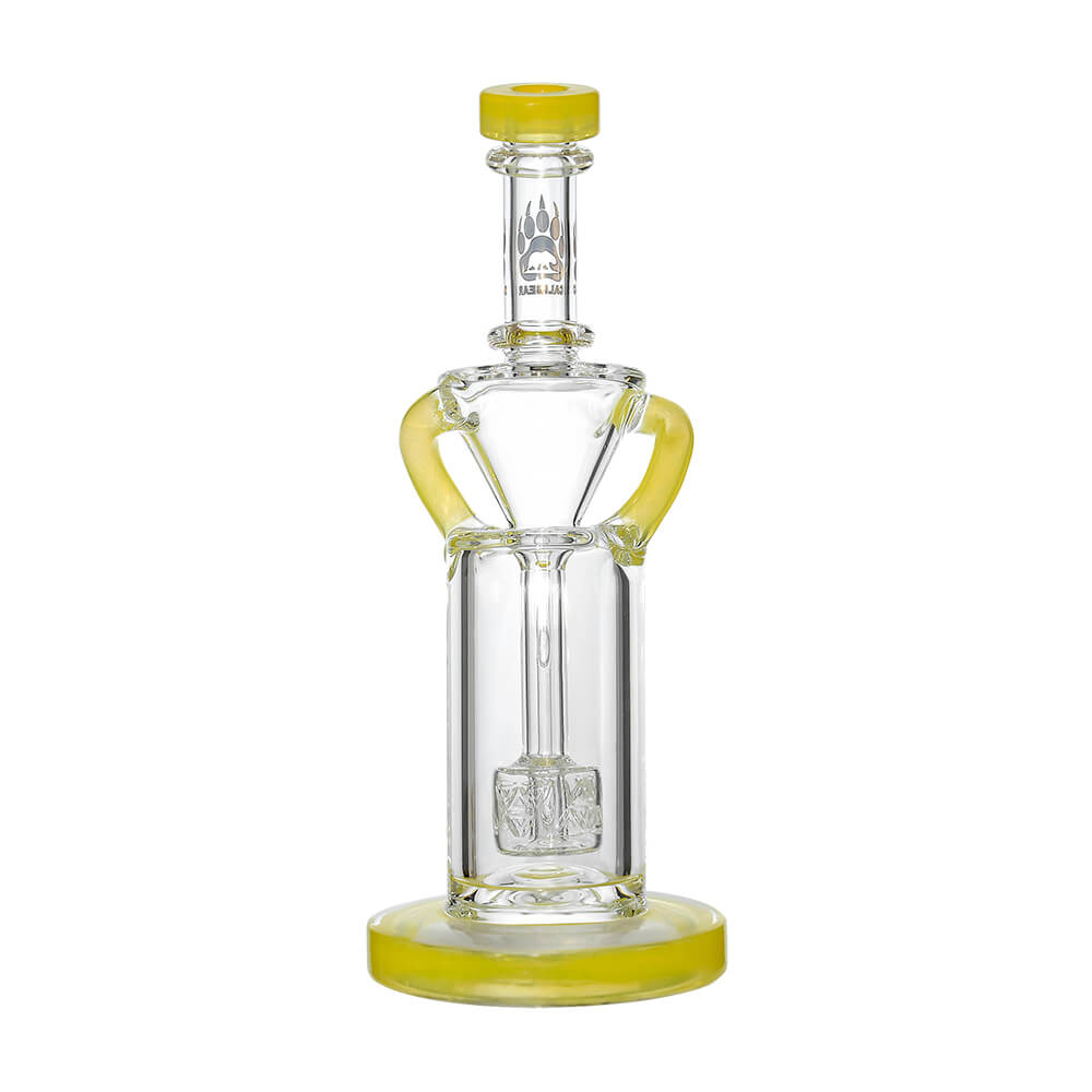 8 inch CaliBear Vortex Turbo Incycler glass bong featuring a TRI-SEED percolator, clear recycler body, and multi-color mouthpiece accents.
