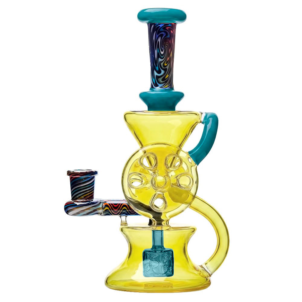 Calibear Wigwag Swiss Reactor Dab Rig in lemon candy and tiffany blue — featuring a handcrafted multicolor wigwag reversal mouthpiece tube and bowl arm, yellow borosilicate hourglass body with Swiss-hole reactor disc percolator, teal side handle loop, teal Seed of Life percolator base, wigwag bowl on angled joint, and fully enclosed lower recycler chamber, standing 8.7 inches tall with a 14.5mm female joint.