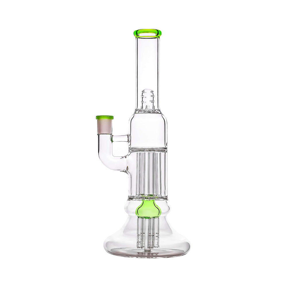 Calibear 13.8 inch clear glass pillar bong with classic beaker base, gridded percolator, and green accents.