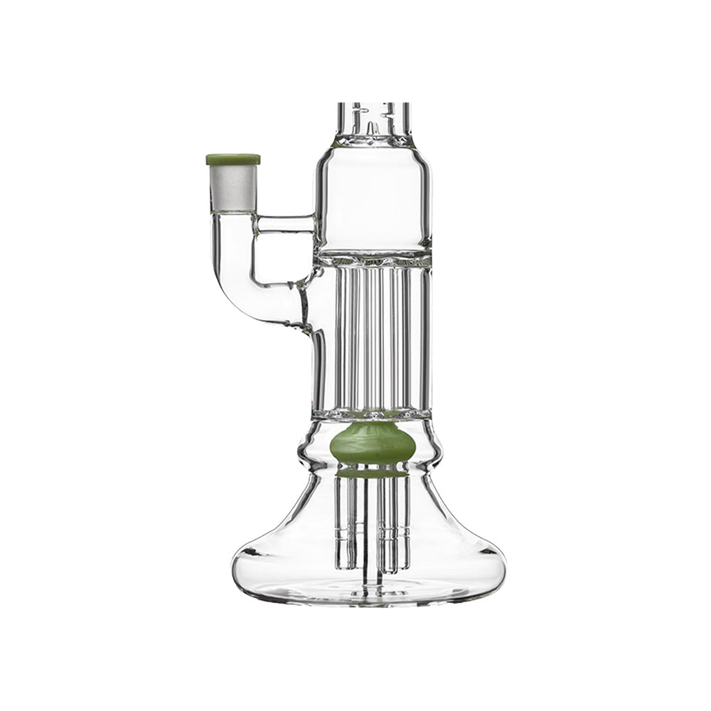 Calibear 13.8 inch clear glass pillar bong with classic beaker base, gridded percolator, and green accents.