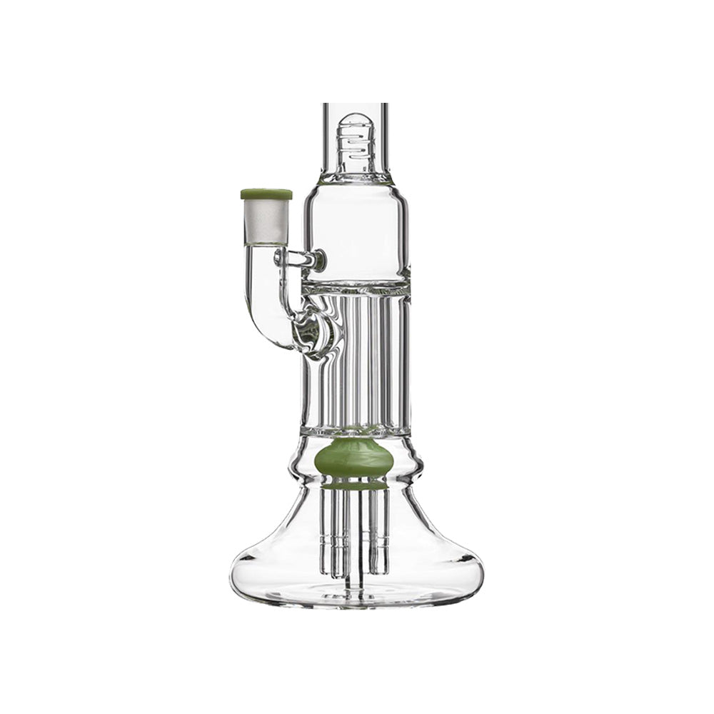 Calibear 13.8 inch clear glass pillar bong with classic beaker base, gridded percolator, and green accents.