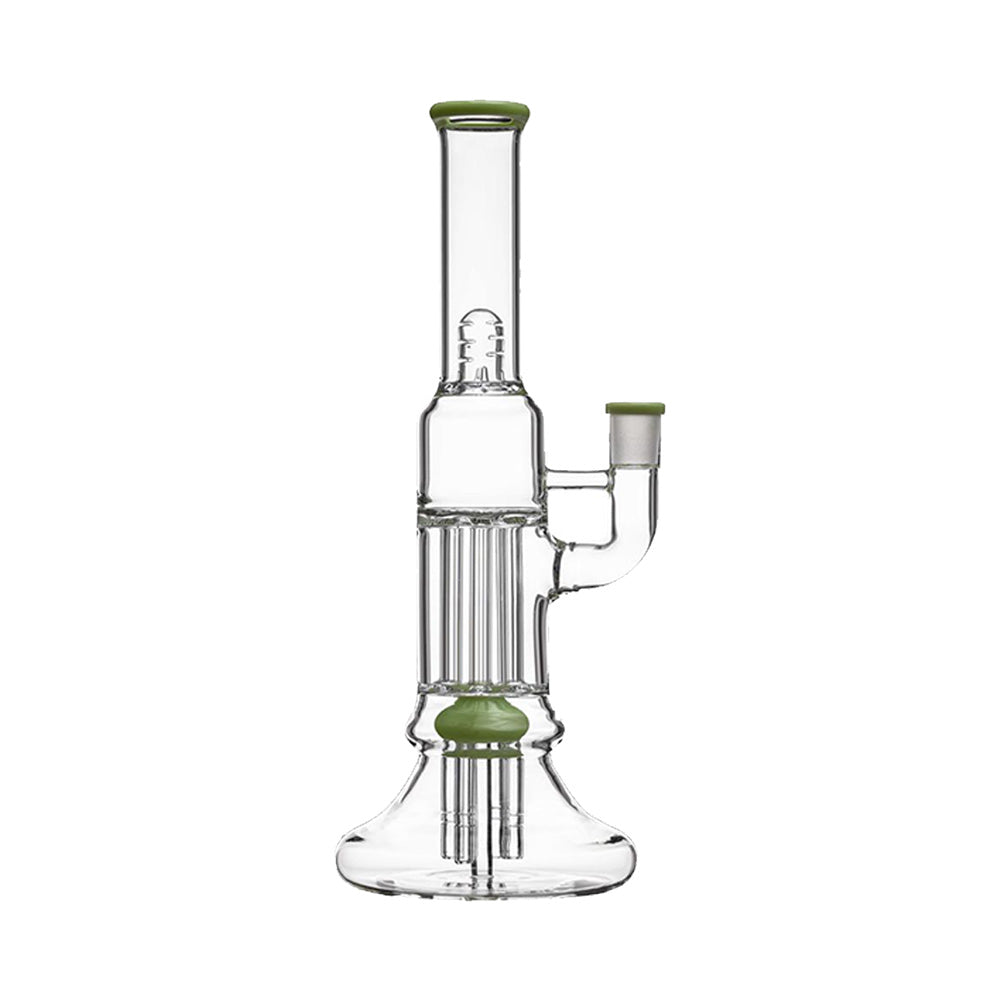Calibear 13.8 inch clear glass pillar bong with classic beaker base, gridded percolator, and green accents.