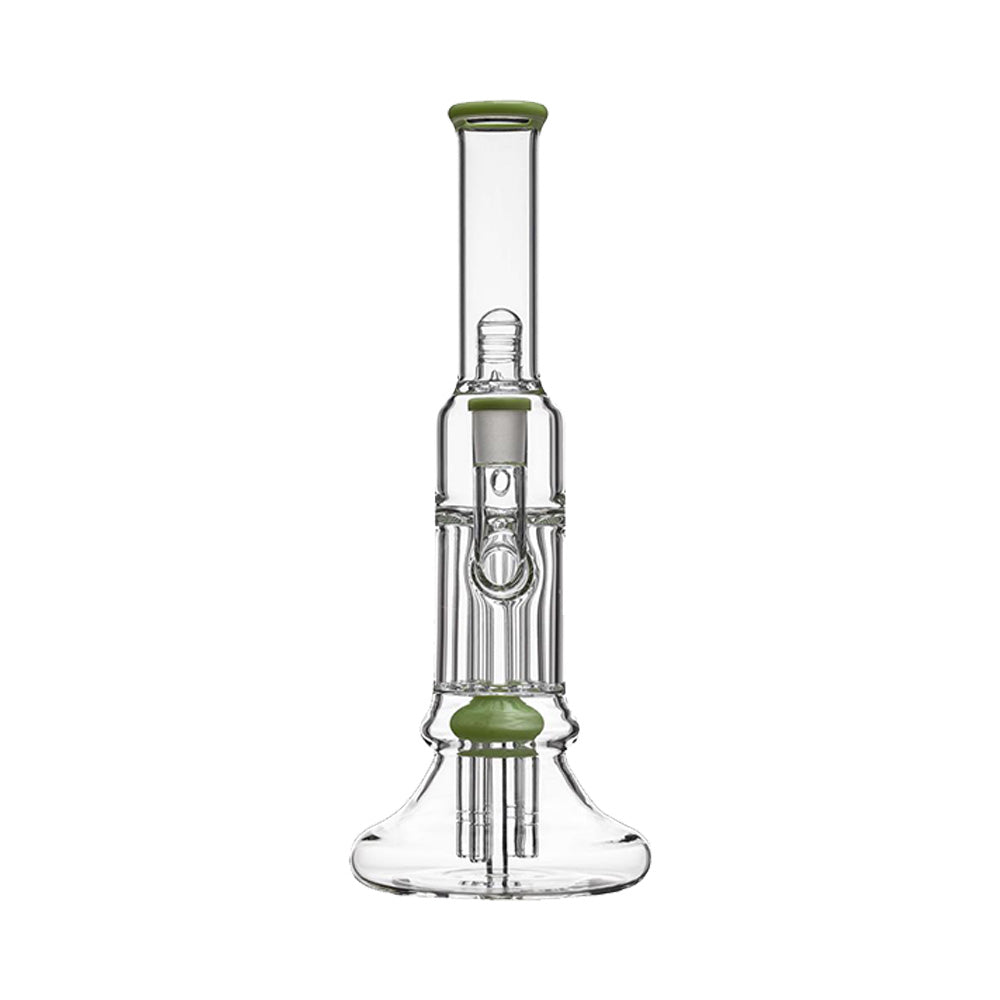 Calibear 13.8 inch clear glass pillar bong with classic beaker base, gridded percolator, and green accents.