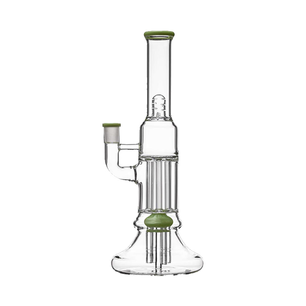 Calibear 13.8 inch clear glass pillar bong with classic beaker base, gridded percolator, and green accents.