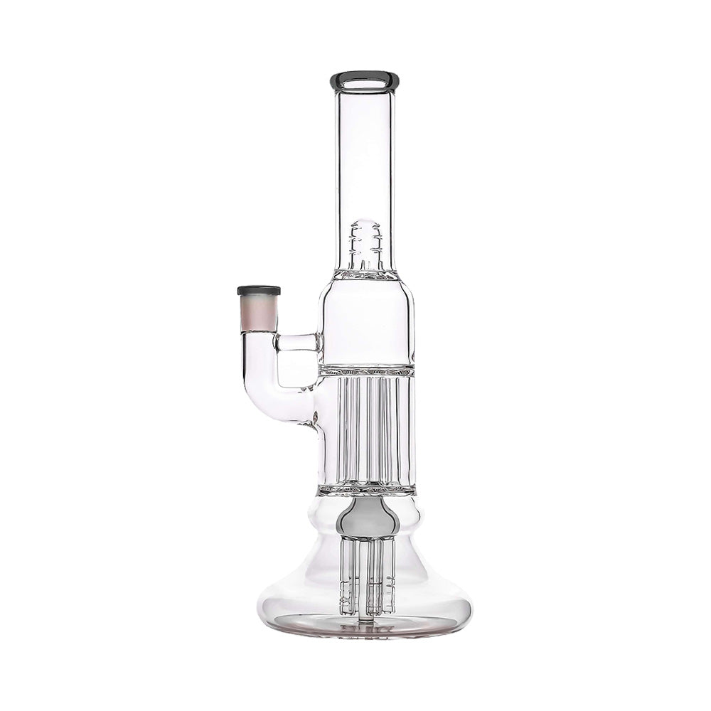 Calibear 13.8 inch clear glass pillar bong with classic beaker base, gridded percolator, and green accents.