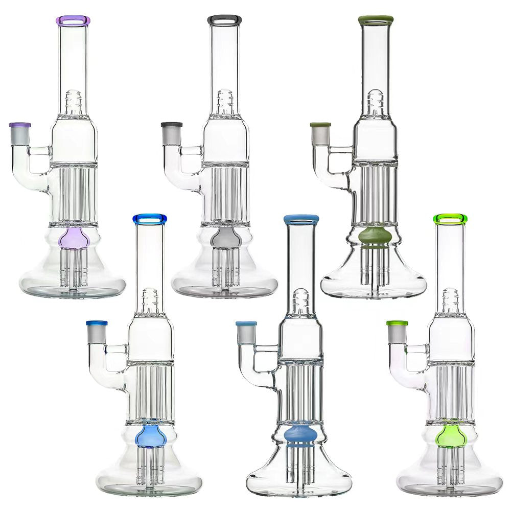 Calibear 13.8 inch clear glass pillar bong with classic beaker base, gridded percolator, and green accents.