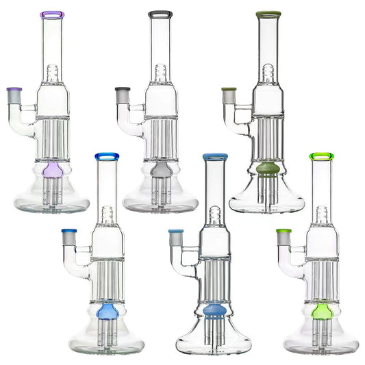 Calibear 13.8 inch clear glass pillar bong with classic beaker base, gridded percolator, and green accents.