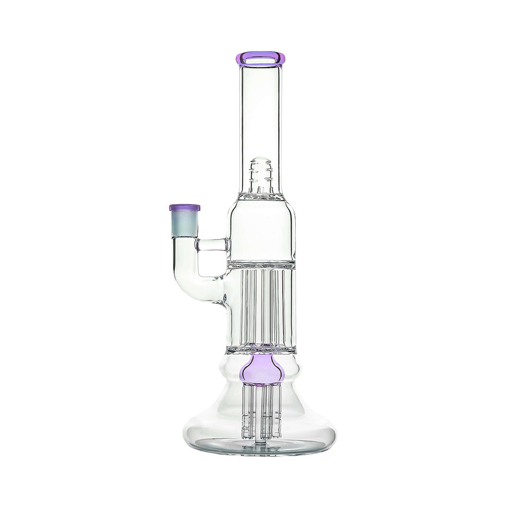Calibear 13.8 inch clear glass pillar bong with classic beaker base, gridded percolator, and green accents.