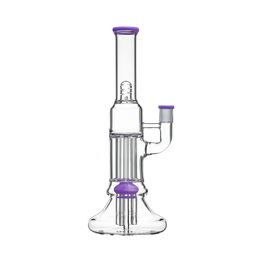 Calibear 13.8 inch clear glass pillar bong with classic beaker base, gridded percolator, and green accents.