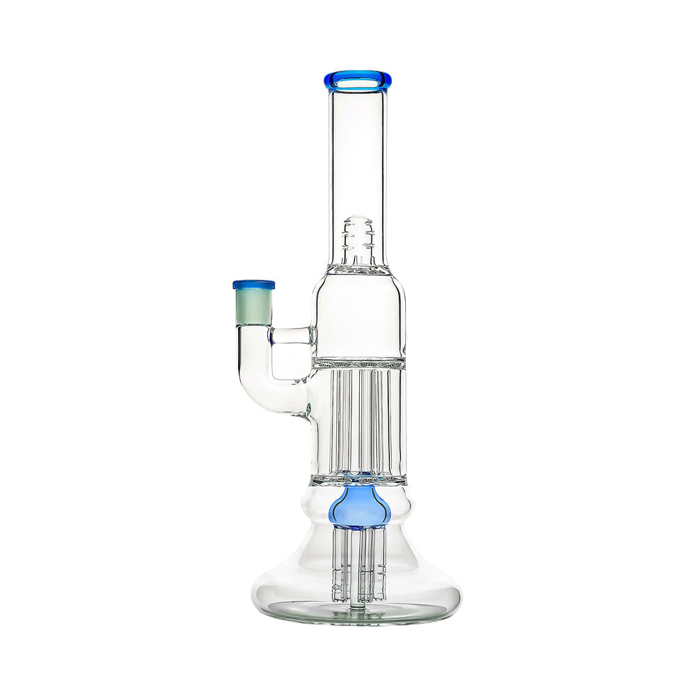 Calibear 13.8 inch clear glass pillar bong with classic beaker base, gridded percolator, and green accents.