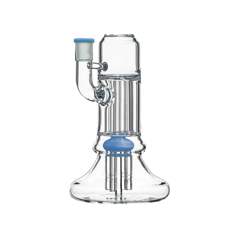 Calibear 13.8 inch clear glass pillar bong with classic beaker base, gridded percolator, and green accents.