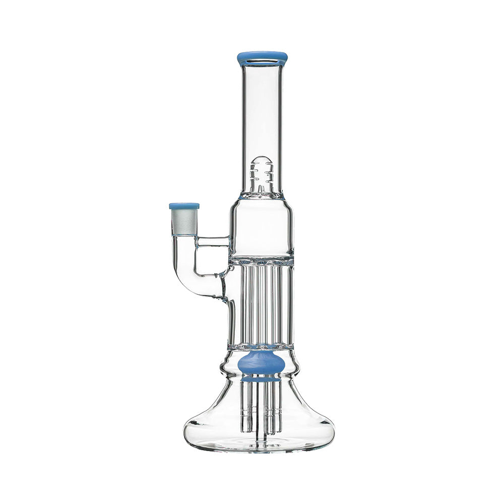 Calibear 13.8 inch clear glass pillar bong with classic beaker base, gridded percolator, and green accents.