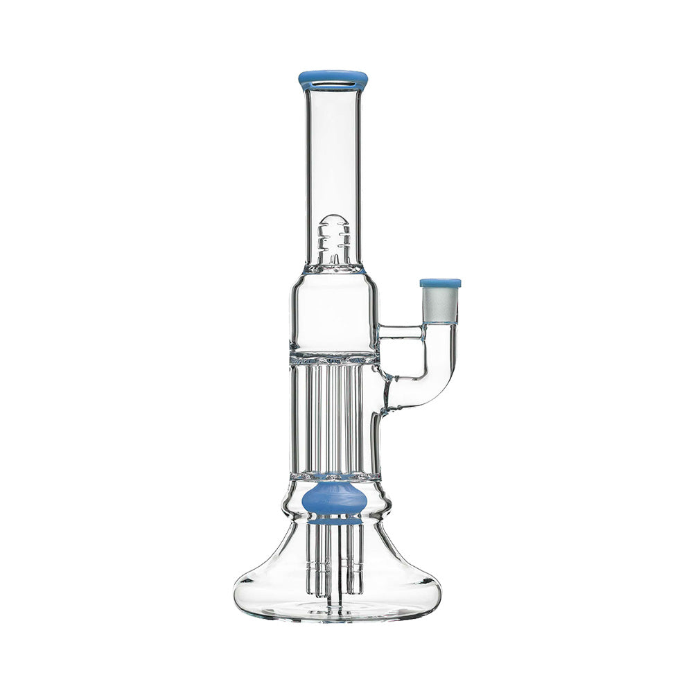 Calibear 13.8 inch clear glass pillar bong with classic beaker base, gridded percolator, and green accents.