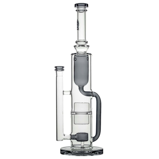 Calibear 14 inch Flower Klein Bong with scientific recycler design, smoke-grey translucent glass accents, and sturdy round base.