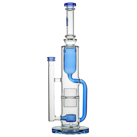 Calibear 14 inch Flower Klein Bong with scientific recycler design, smoke-grey translucent glass accents, and sturdy round base.