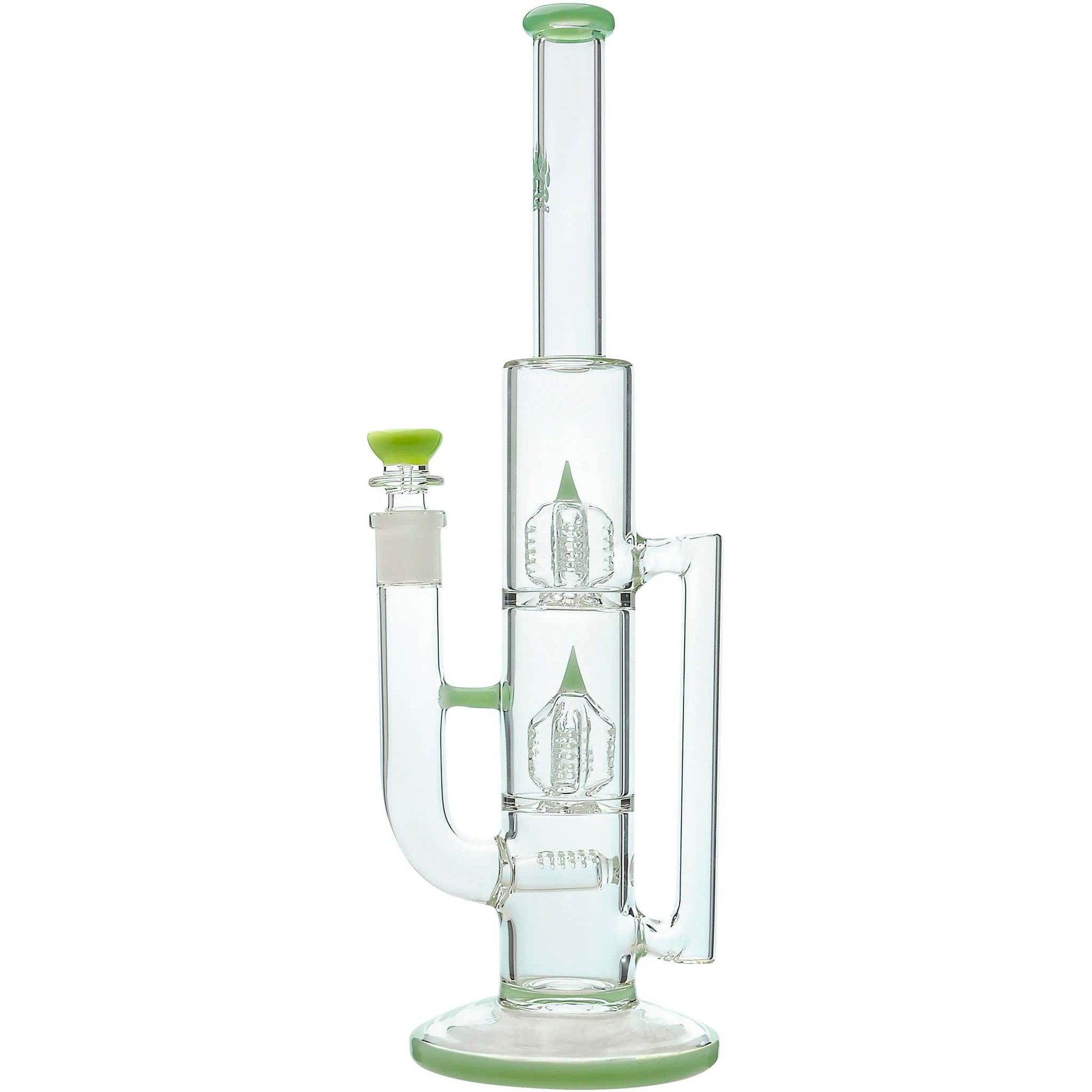 Calibear 16 inch Treecycler glass water pipe with dual internal treecycler percolators, kingstem perc, and lime green accents.